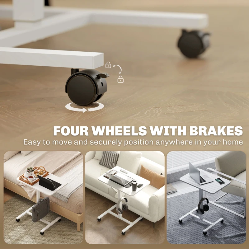 HOMCOM Height Adjustable Standing Desk, Pneumatic Sit Stand Desk with Wheels and Headphone Hook, White Wood Grain