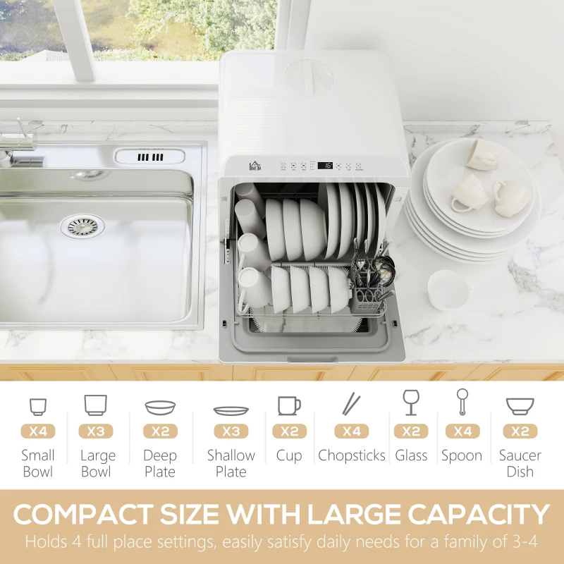 HOMCOM Portable Dishwasher, Counter Dishwasher with 4 Place Settings, 5 Washing Programs, Air-Dry Function, 6L Water Tank