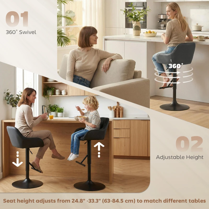 HOMCOM Bar Stools Set of 2, Swivel Counter Height Barstools with Back, Footrest, Armrests, Adjustable Height, Black
