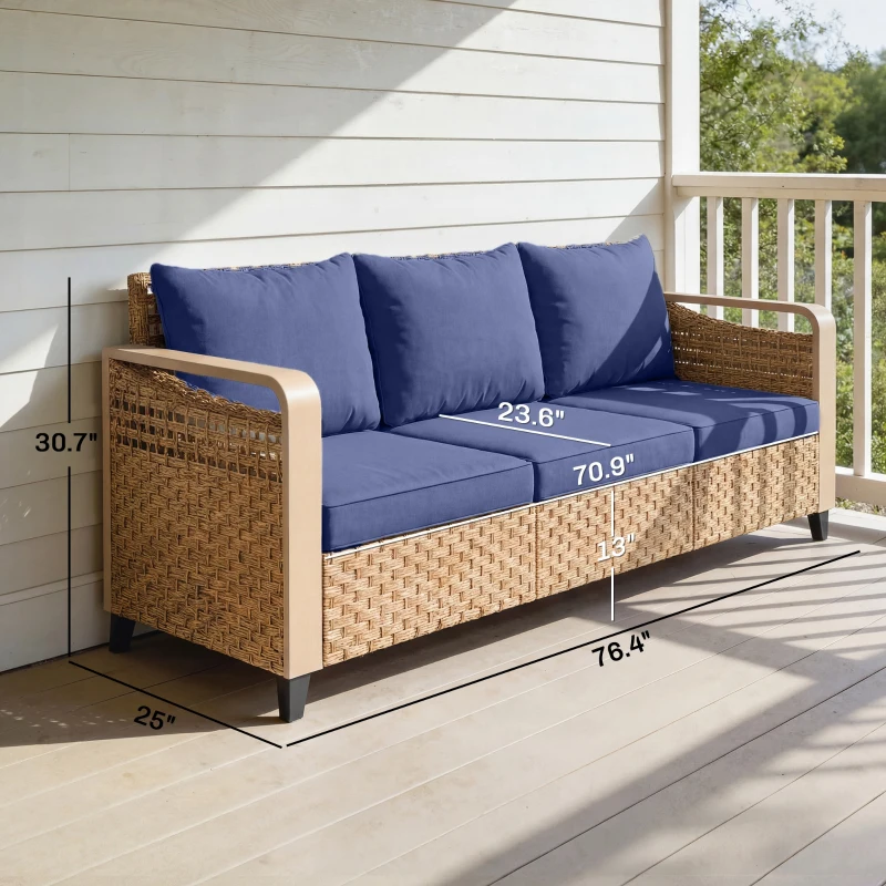 Outsunny Rattan Wicker Sofa 3-Seater Outdoor Patio Sofa with Cushions for Garden Backyard Porch Dark Blue