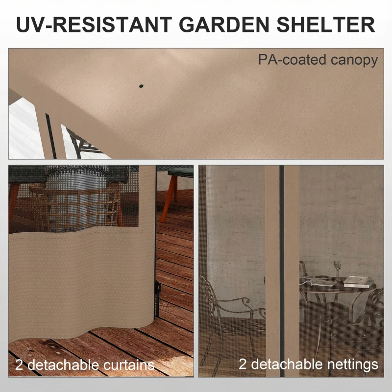 Outsunny 10' x 13' Wall Pergola, Outdoor Gazebo with 2 Curtains and 2 Nettings, UV Resistant, for Patio, Deck, Khaki