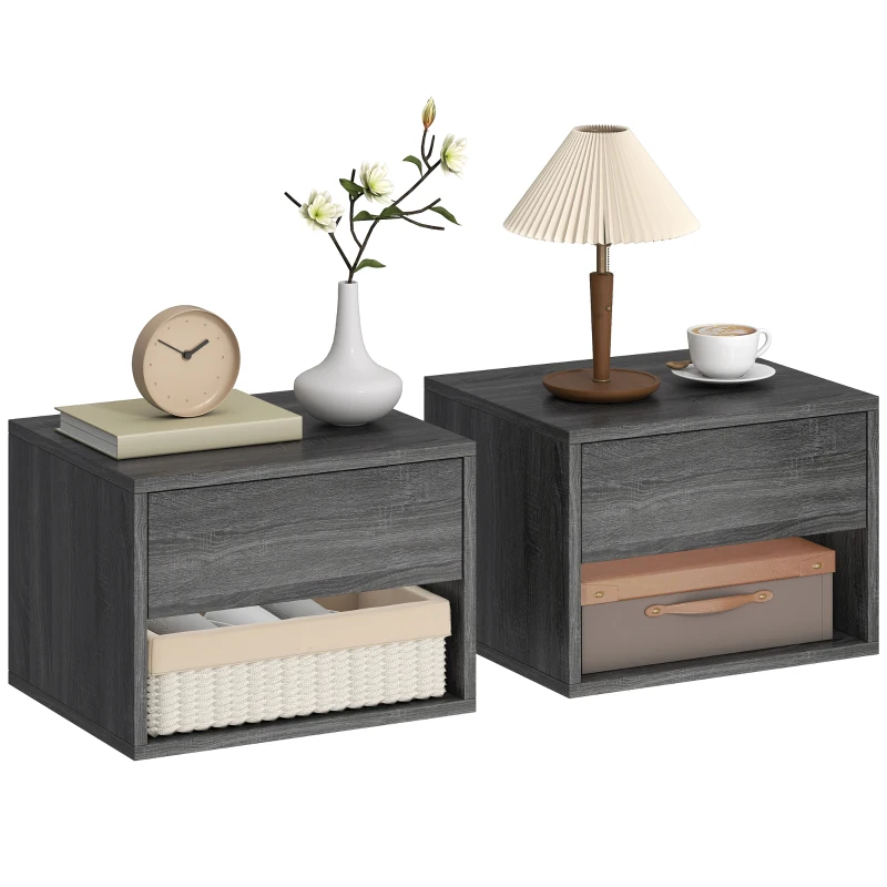 HOMCOM Floating Nightstand Set of 2, Wall Mounted Bedside Table with Drawer for Bedroom, Grey