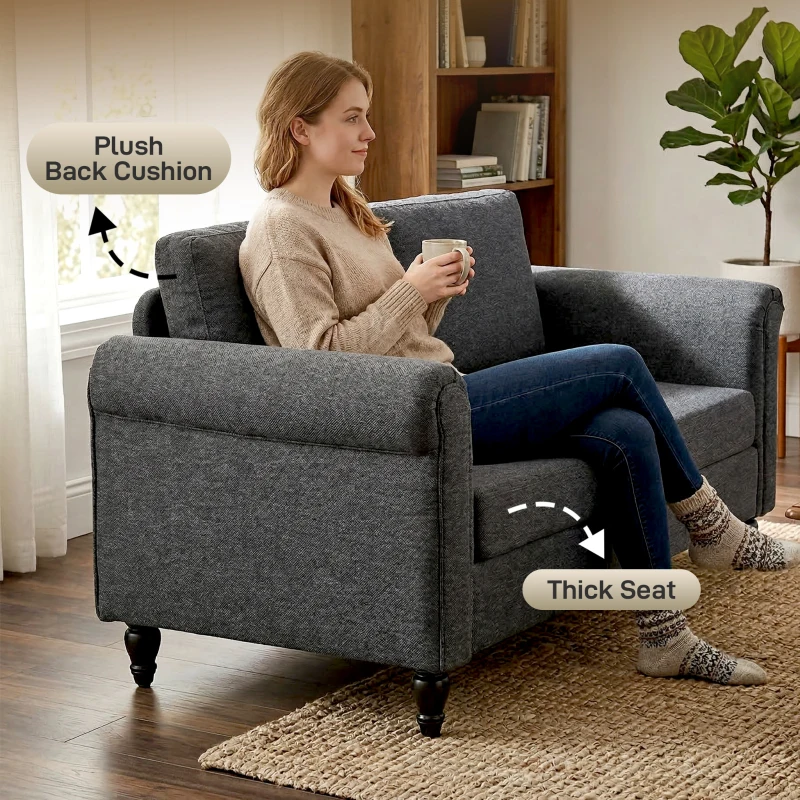 HOMCOM Vintage Loveseat, Upholstered Love Seat Furniture, Chenille-feel Fabric 2 Seater Sofa Couch with Rolled Arms, Gourd-Shaped Rubber Wood Legs for Living Room, Dark Grey