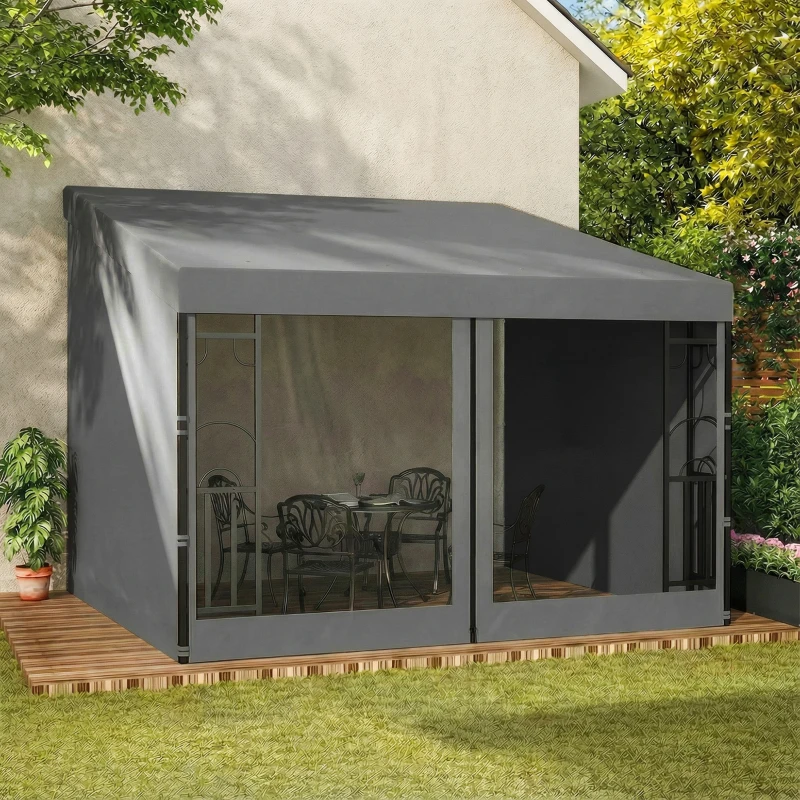 Outsunny 10' x 10' Wall Pergola, Outdoor Gazebo with 2 Curtains and 2 Nettings, UV Resistant, for Patio, Deck, Dark Grey
