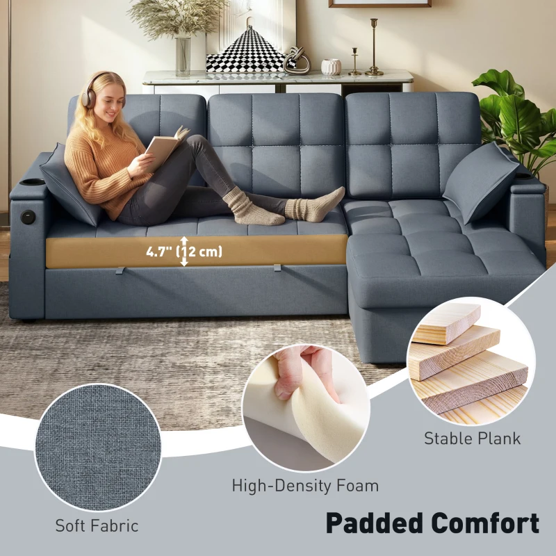 HOMCOM Convertible Sectional Sofa Bed, Pull Out Sleeper Sofa Couch with USB‑A+C, Chaise Storage, L-Shaped Futon Couch, Dark Grey