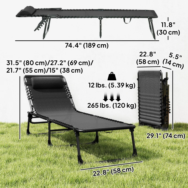 Outsunny Outdoor Folding Lounge Chair, 4-Level Adjustable Chaise Lounge with Headrest, Tanning Chair Beach Bed Reclining Lounger Cot for Camping, Hiking, Backyard, Black