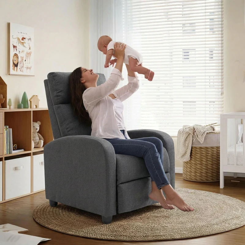 HOMCOM Fabric Recliner Sofa Manual Recliner, Home Theater Seating Single Reclining Sofa Chair with Padded Seat for Living Room, Dark Grey