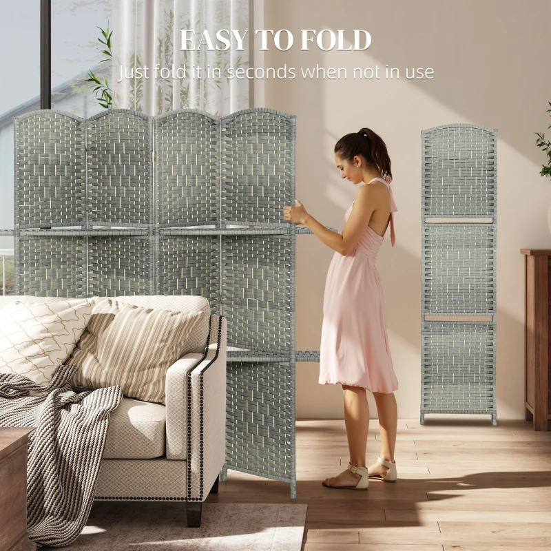 HOMCOM 6 FT Privacy Screen, 4 Panel Room Divider with Shelves for Living Room Bedroom Home Office, Grey