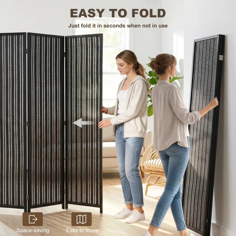 HOMCOM Folding Privacy Screen, 6 Panel Room Divider, Freestanding Partition with Handwoven Bamboo and Pine Wood Frame, Black
