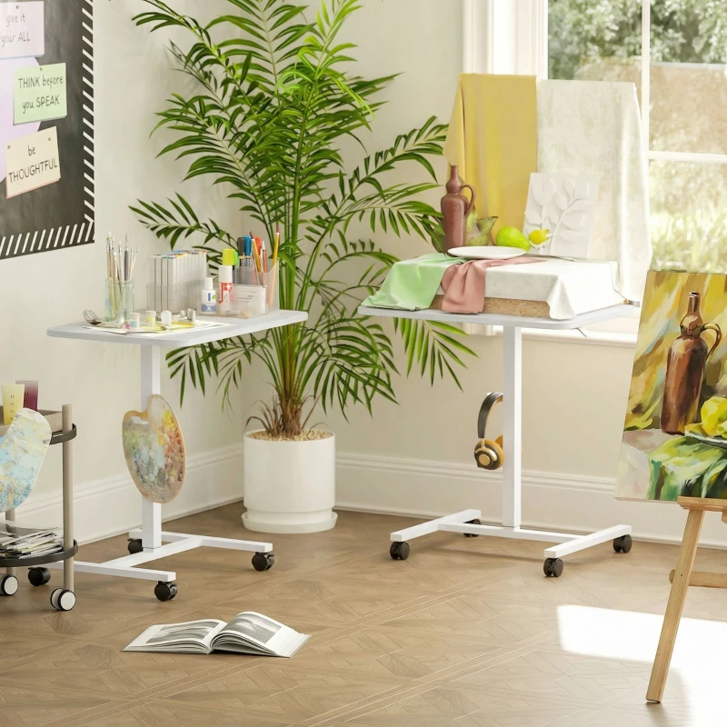 HOMCOM Height Adjustable Standing Desk, Pneumatic Sit Stand Desk with Wheels and Headphone Hook, White Wood Grain