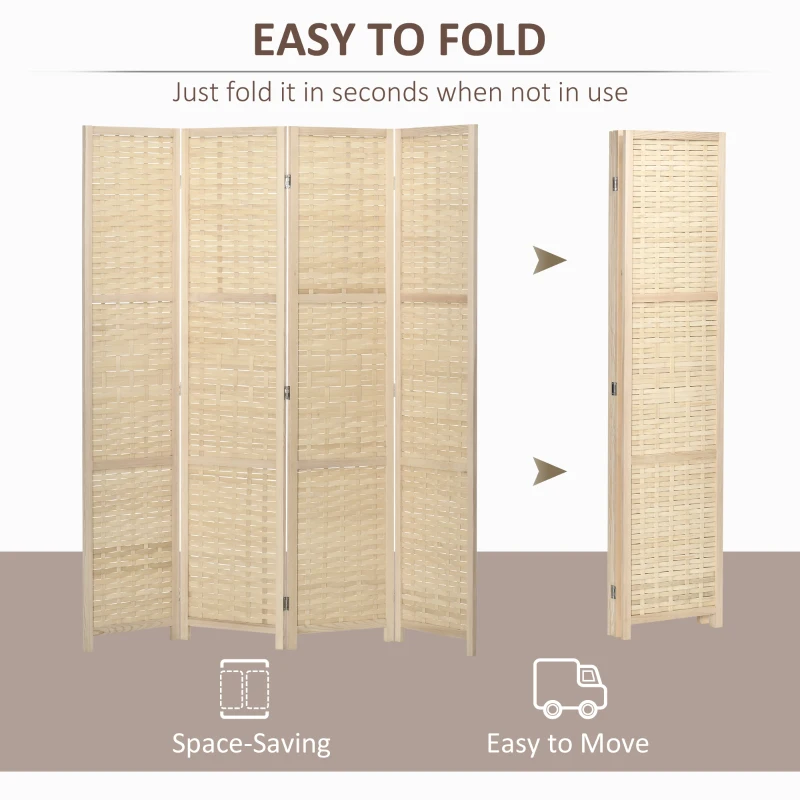HOMCOM 4-Panel Room Divider, 5.6 FT Bamboo Freestanding Folding Privacy Screen for Indoor Bedroom Office, Natural Wood