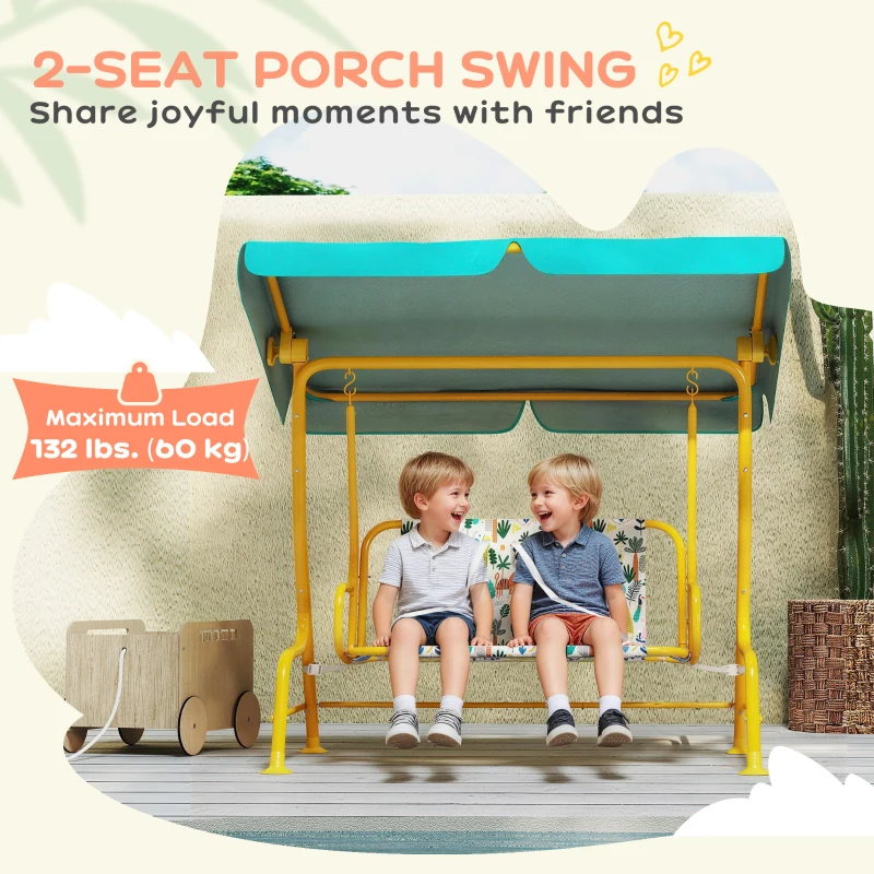 Qaba Kids Porch Swing, 2-Seater Patio Swing Bench with Safety Belts, Adjustable Canopy for Backyard, Garden, Green