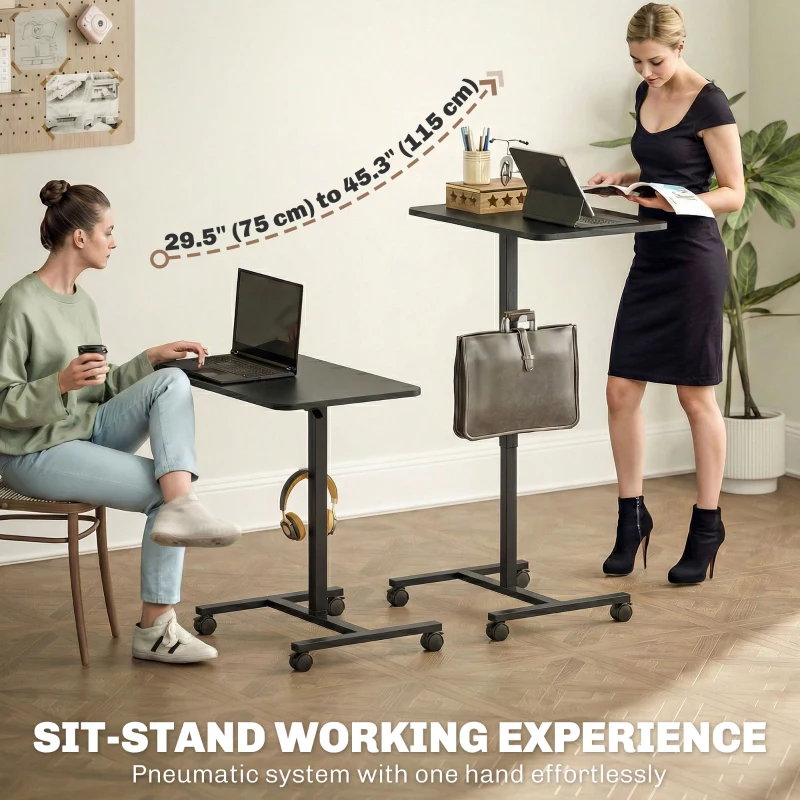 HOMCOM Height Adjustable Standing Desk, Pneumatic Sit Stand Desk with Wheels and Headphone Hook, Black Wood Grain