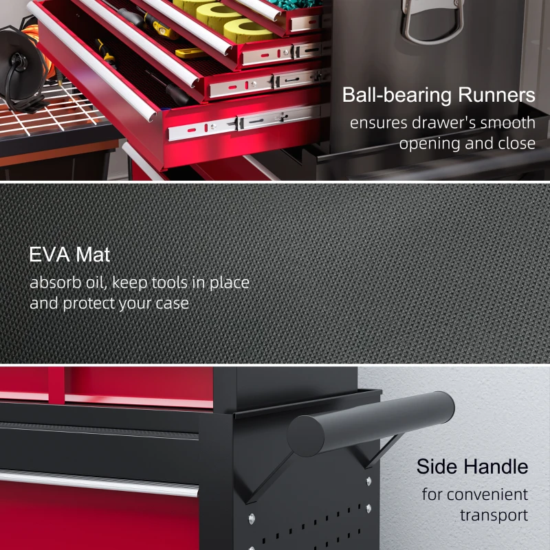 HOMCOM 14 Drawer Rolling Tool Chest, Lockable Tool Storage Cabinet with Detachable Top Toolbox, Protective Liner, Red