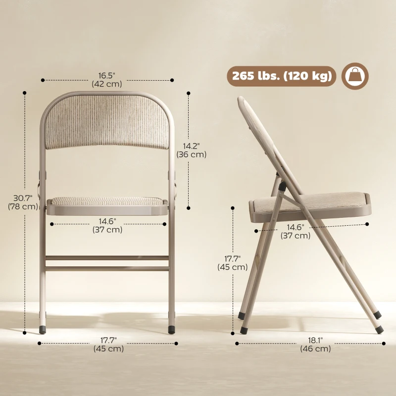 HOMCOM Set of 2 Metal Foldable Chairs, Linen Fabric Padded Folding Chairs with Cushion Seat and Open Back for Indoor, Beige
