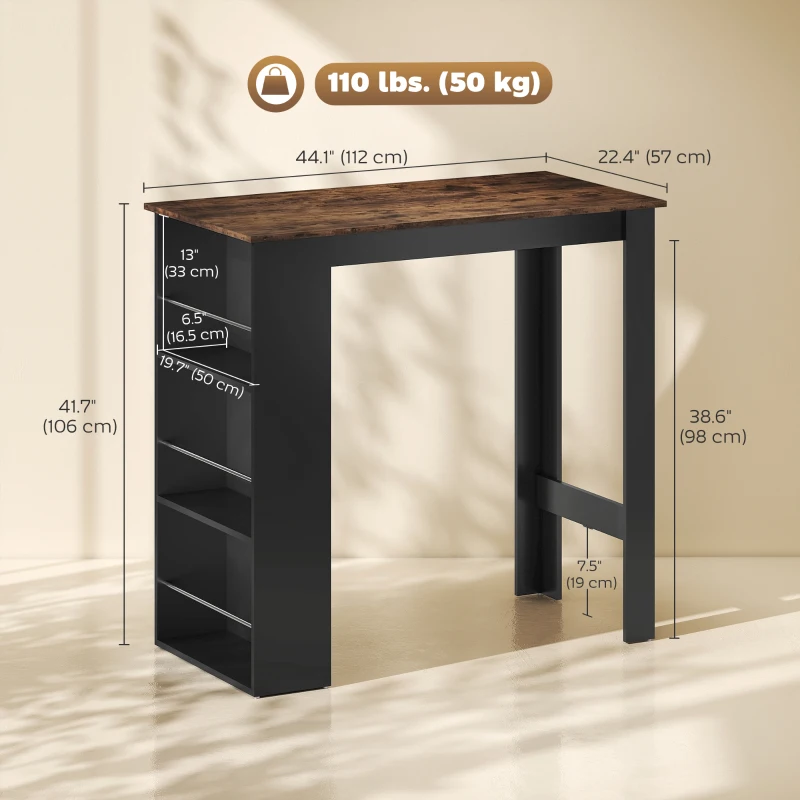HOMCOM Modern Bar Table, Counter Height Dining Table with 3 Storage Shelves for Kitchen, Dining Room, Living Room, Rustic Brown