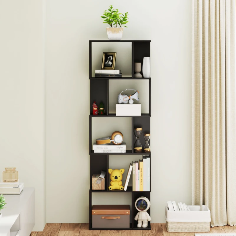HOMCOM 5-Tier Geometric Bookshelf, S Shaped Bookcase, Modern Freestanding Display Shelf Unit for Home Office, Black