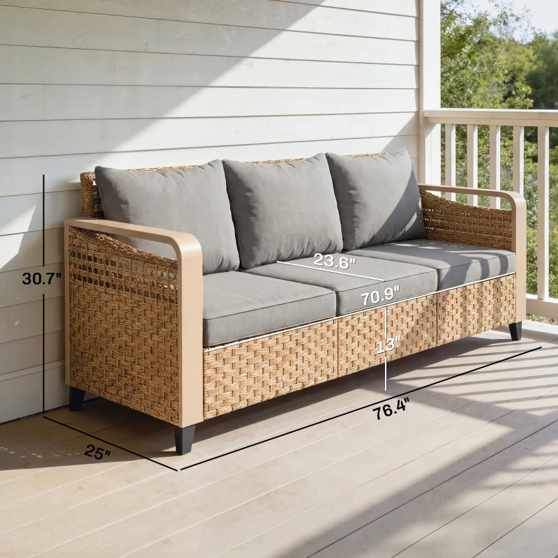 Outsunny Rattan Wicker Sofa 3-Seater Outdoor Patio Sofa with Cushions for Garden Backyard Porch Gray
