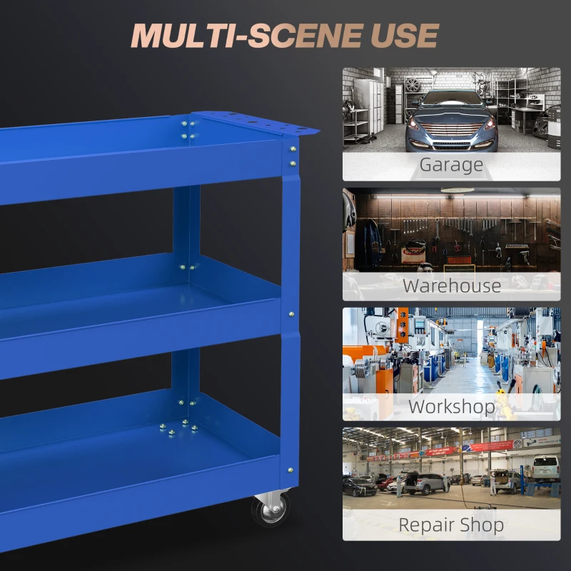 DURHAND 3 Tier Rolling Tool Cart with Wheels, 330 LBS Capacity Heavy Duty Utility Cart, Mobile Service Cart for Garage, Blue