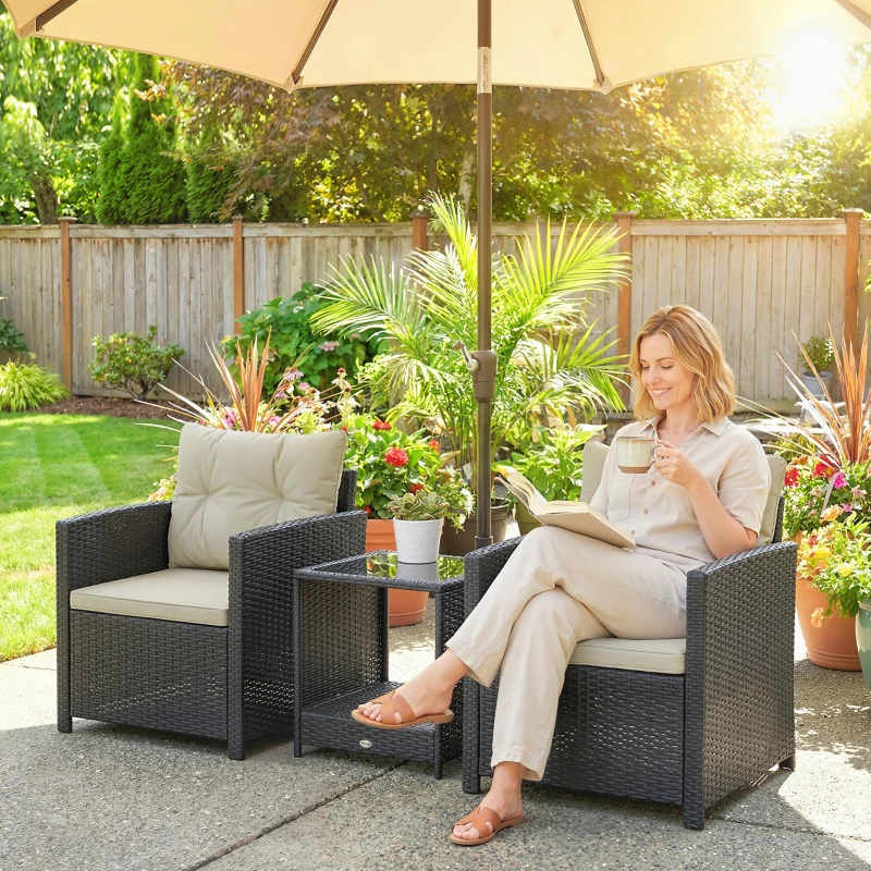 Outsunny Outdoor Bistro Set, 3 Piece Wicker Patio Furniture Set with 2-Tier Glass Top Table, Cushions for Porch, Balcony, Beige