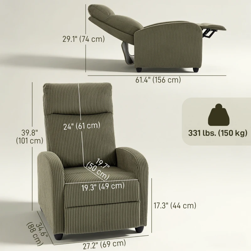 HOMCOM Fabric Recliner Chair Manual Home Theater Seating Single Reclining Sofa Chair with Padded Seat for Living Room