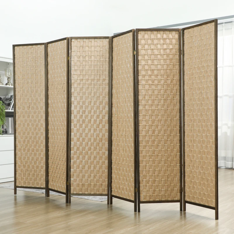 HOMCOM 6 FT Room Divider, 6 Panel Folding Privacy Screen, Lightweight Handwoven Freestanding Partition for Home Office, Brown