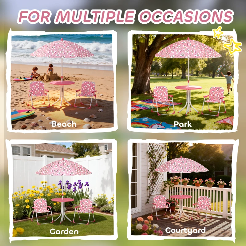 Qaba Kids Picnic Table, Kids Table and Chair Set with 2 Folding Chairs and Umbrella for Backyard, Garden, Patio, Pink