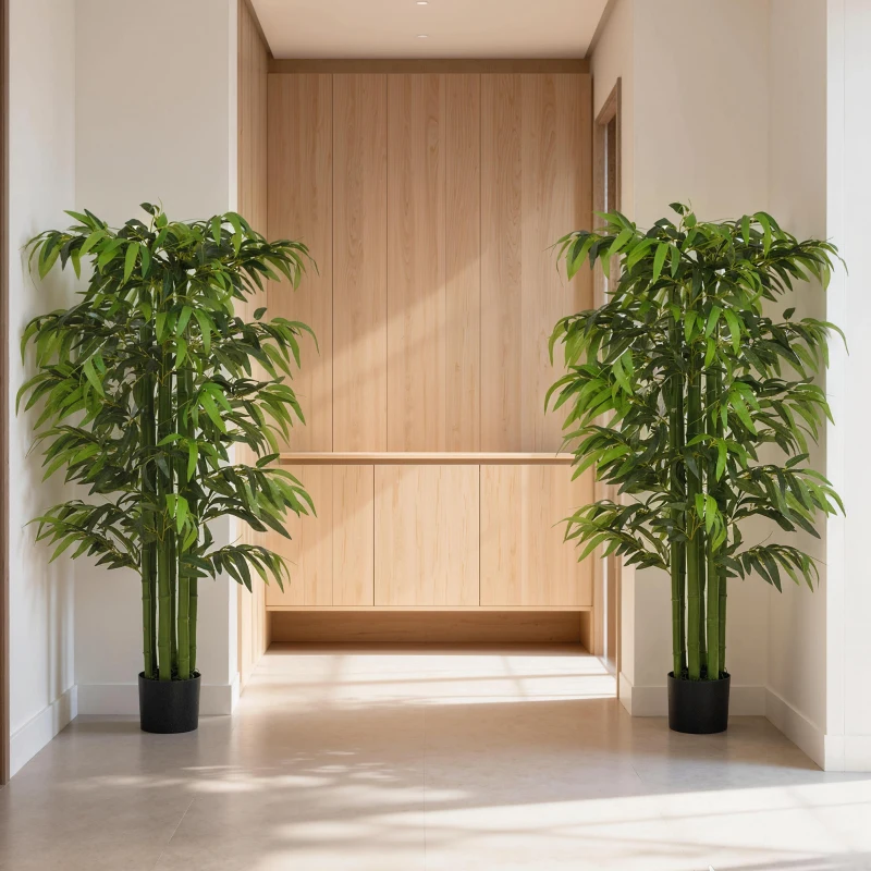 HOMCOM 5.3ft Artificial Tree Set of 2, Indoor Fake Bamboo with Pot, for Home, Office, and Living Room Decor