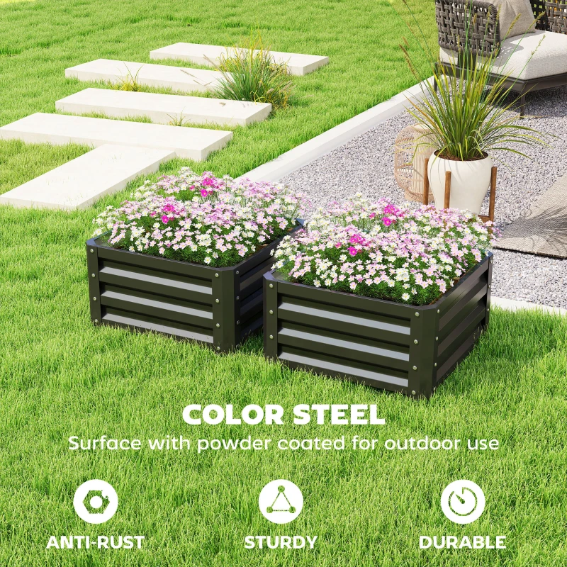 Outsunny 2' x 2' x 1' 2-Pieces Raised Garden Bed w/ Galvanised Steel Frame for Vegetables Flowers Herbs, Black
