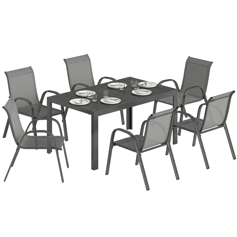 Outsunny 7 Pieces Outdoor Dining Set for 6, Patio Furniture Set with Rectangular Patio Table and Stackable Chairs, Light Grey