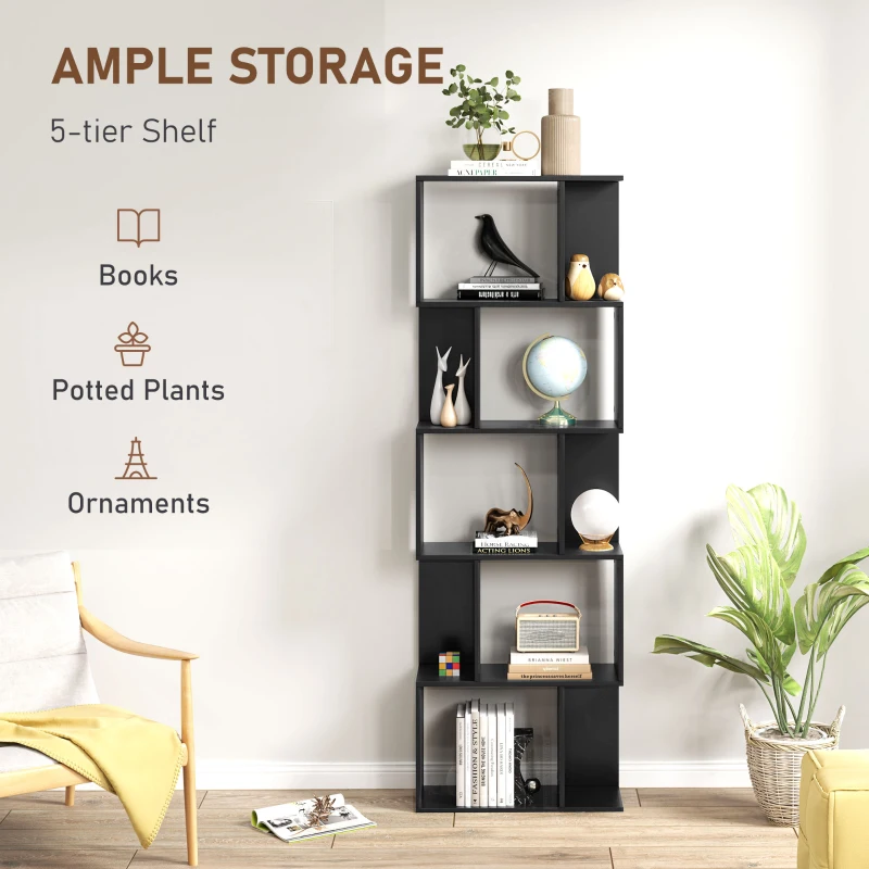 HOMCOM 5-Tier Geometric Bookshelf, S Shaped Bookcase, Modern Freestanding Display Shelf Unit for Home Office, Black