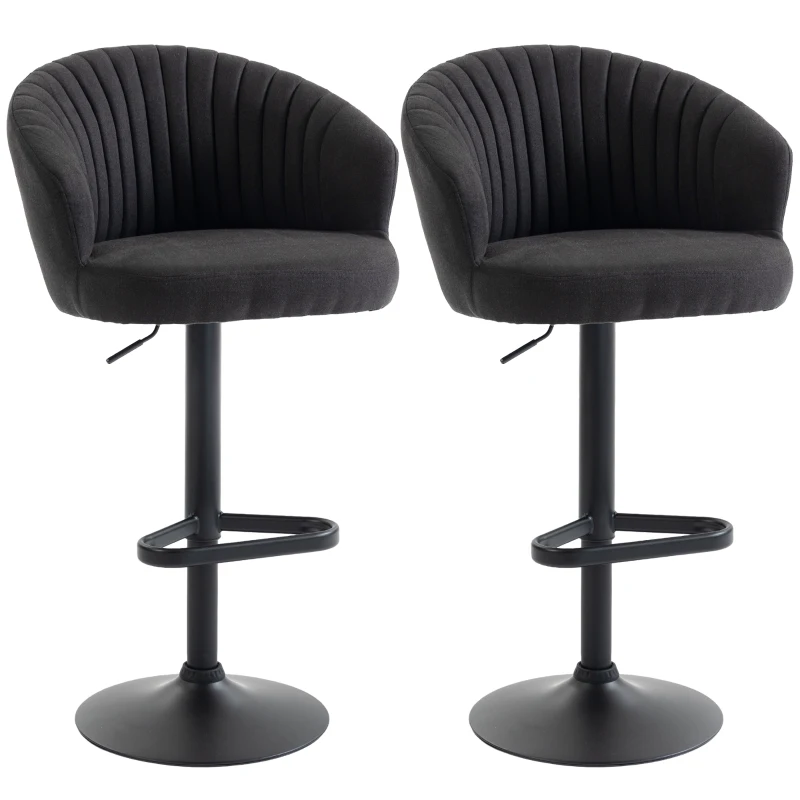 HOMCOM Adjustable Bar Stools Set of 2, Upholstered Kitchen Stools with Swivel Seat, Steel Frame, Footrest, ‎Black