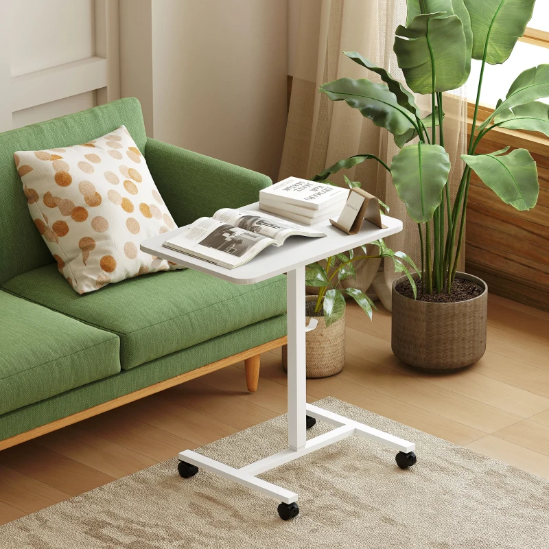 HOMCOM Height Adjustable Standing Desk, Pneumatic Sit Stand Desk with Wheels and Headphone Hook, White Wood Grain