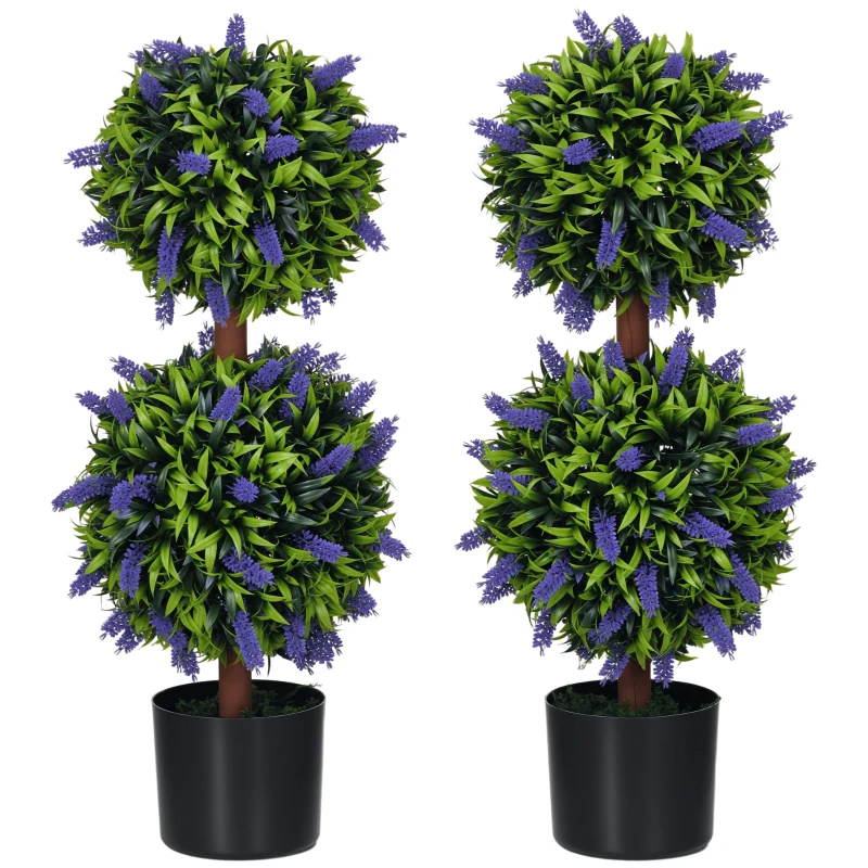 HOMCOM 2.3ft Set of 2 Artificial Plants, Lavender Flowers Ball Trees with Pot, for Home Indoor Outdoor Decor