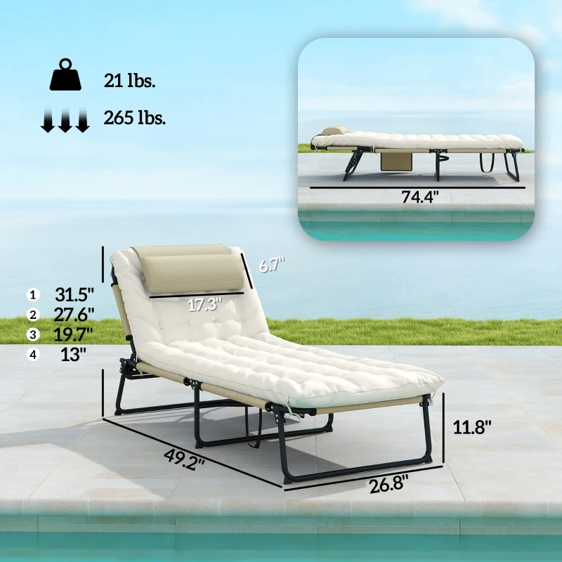 Outsunny Folding Chaise Lounge Pool Chair with 4-level Reclining Back, Cushion, Side Pocket, Headrest, Beige