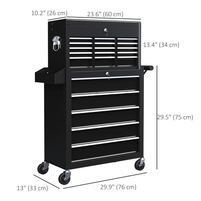 HOMCOM 14 Drawer Rolling Tool Chest, Lockable Tool Storage Cabinet with Detachable Top Toolbox, Protective Liner, Black