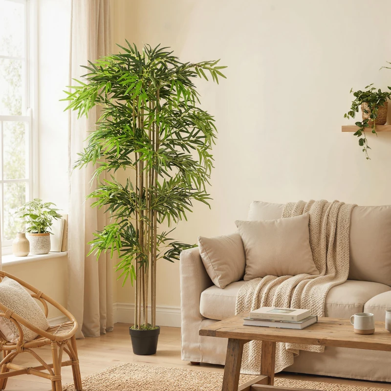 Outsunny 6FT Artificial Bamboo Tree, Fake Plant with 1530 Leaves, Greenery Plant in Nursery Pot for Indoor, Green