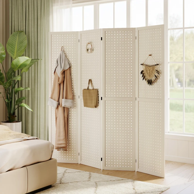 HOMCOM 5.6 Ft. Tall 4-Panel Room Divider, Pegboard Panel Folding Privacy Screen, Partition Wall Divider for Bedroom, White