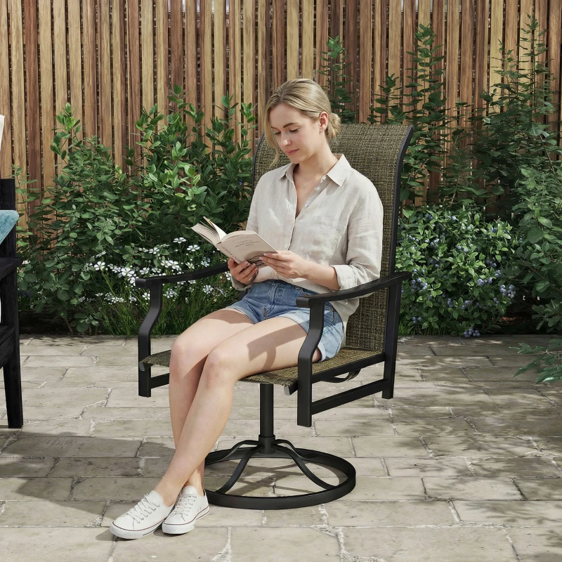 Outsunny Patio Swivel Chair Set of 2, Swivel Rocker Outdoor Chairs with High Back, for Lawn Garden Backyard Deck, Brown