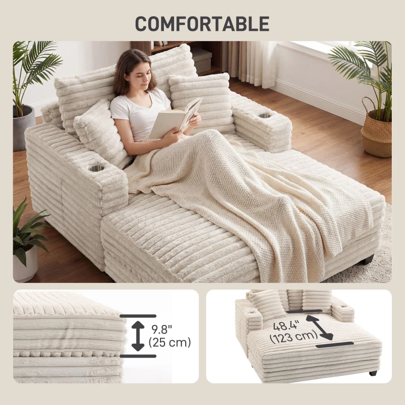 HOMCOM 60" Chaise Lounge Chair, Oversized Upholstered Sofa Bed with Cup Holders & Pillows, Sleeper Couch for Living Room, Beige