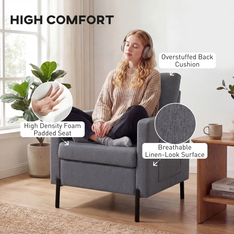 HOMCOM Accent Chair Modern Upholstered Armchair with Side Pockets and Cushion for Bedroom, Living Room, Dark Grey