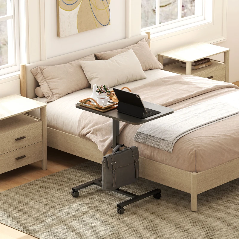 HOMCOM Height Adjustable Standing Desk, Pneumatic Sit Stand Desk with Wheels and Headphone Hook, Black Wood Grain