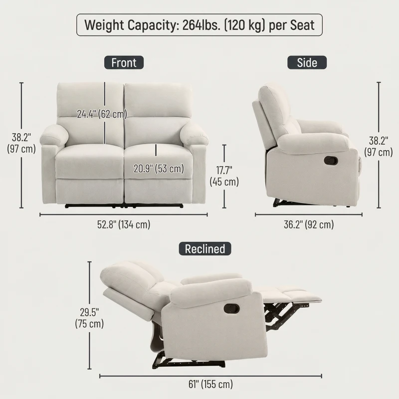 HOMCOM 2 Seater Reclining Sofa, Loveseat Recliner Sofa with Footrest and Split Backrest, for Home Theater, Living Room, Cream White