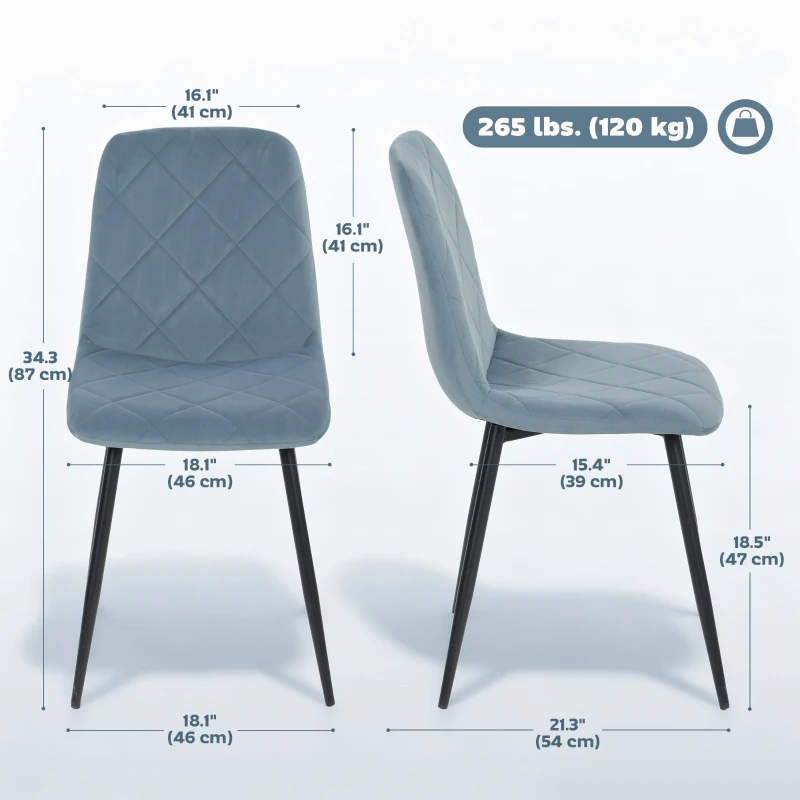 HOMCOM Dining Chairs Set of 4, Upholstered Dining Room Chairs with Steel Legs, Modern Kitchen Chair for Dining Room, Light Blue