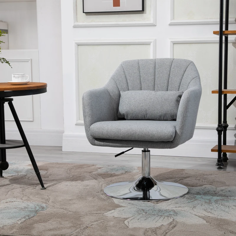 HOMCOM Leisure Chair with Metal Base, Modern Swivel Linen Midback Sofa Chair with Lumbar Support, for Living Room Bedroom Office, Grey