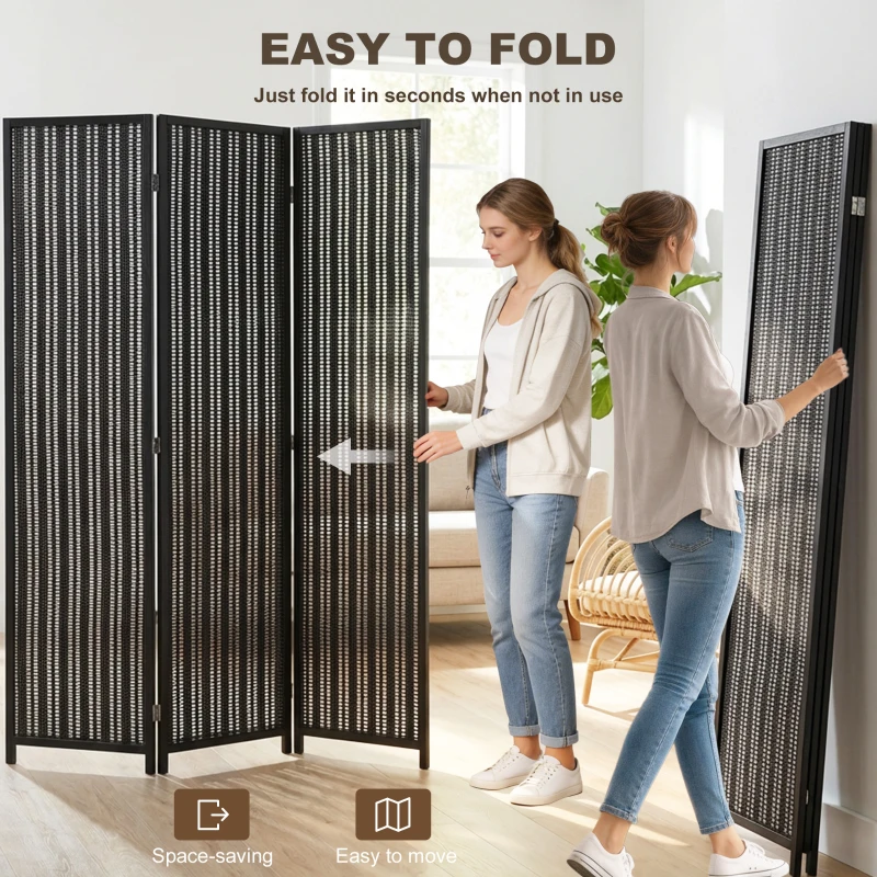 HOMCOM Folding Privacy Screen, 3 Panel Room Divider, Freestanding Partition with Handwoven Bamboo and Pine Wood Frame, Black