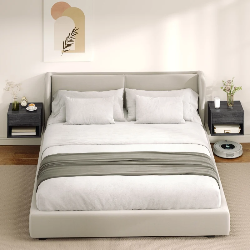 HOMCOM Floating Nightstand Set of 2, Wall Mounted Bedside Table with Drawer for Bedroom, Grey