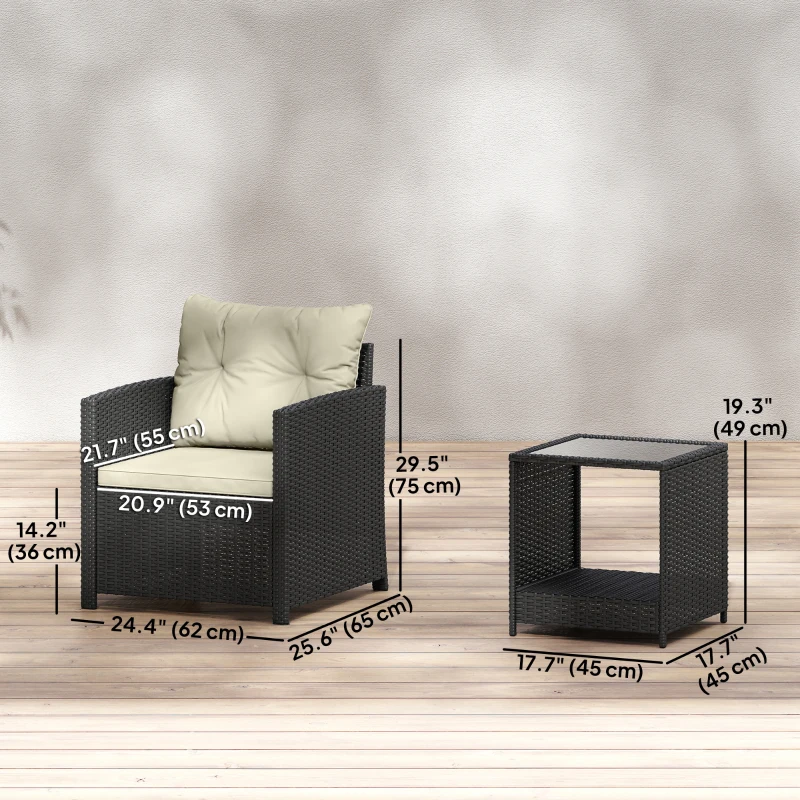 Outsunny Outdoor Bistro Set, 3 Piece Wicker Patio Furniture Set with 2-Tier Glass Top Table, Cushions for Porch, Balcony, Beige