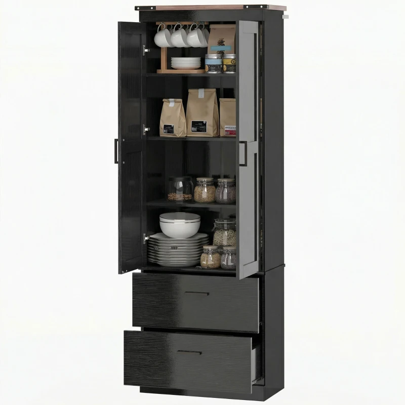 HOMCOM 67" Tall Kitchen Pantry Storage Cabinet, Kitchen Pantry Cabinet with Doors, Drawers and Adjustable Shelves, Black