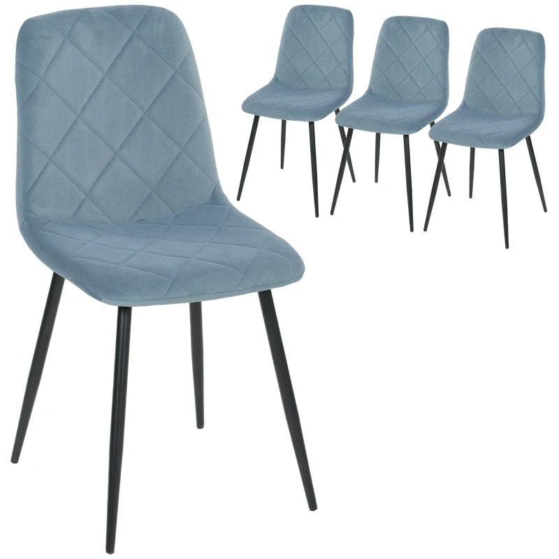 HOMCOM Dining Chairs Set of 4, Upholstered Dining Room Chairs with Steel Legs, Modern Kitchen Chair for Dining Room, Light Blue